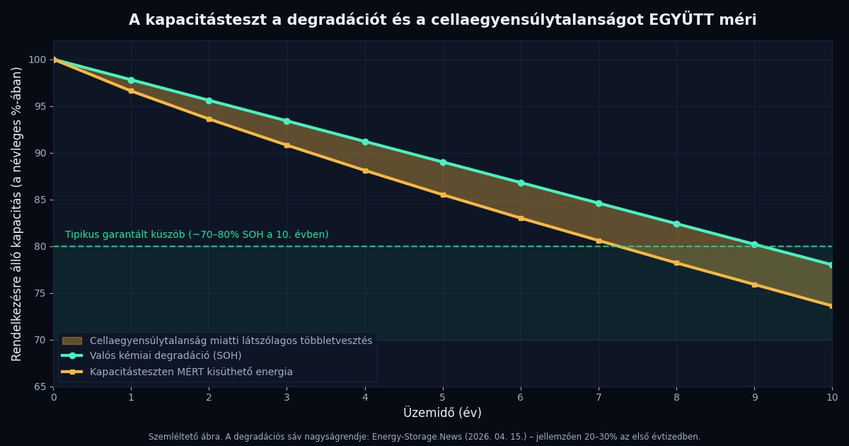 Ábra: a kapacitásteszt a kémiai degradációt és a cellaegyensúlytalanságot együtt méri, tíz éves üzemidőre vetítve