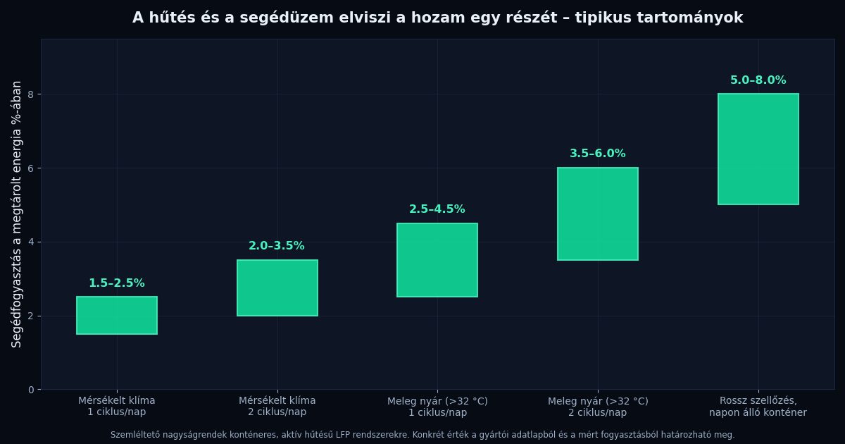 Ábra: az energiatároló hűtésének és segédüzemének fogyasztása a megtárolt energia százalékában, klímától és ciklusszámtól függően