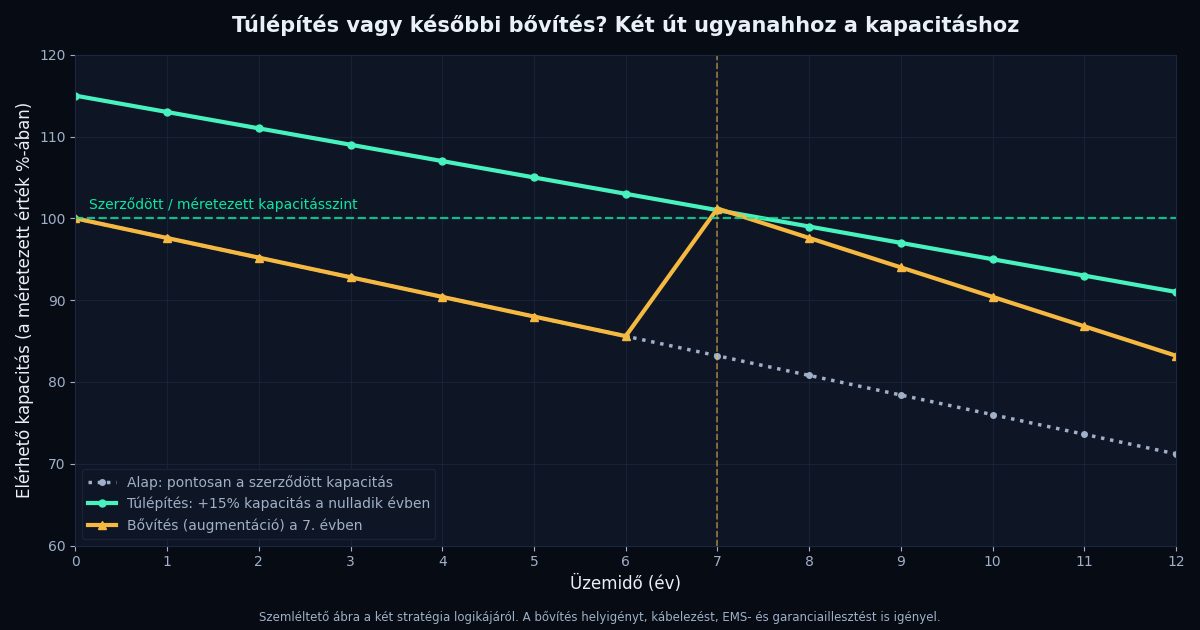 Ábra: túlépítés a nulladik évben kontra bővítés a hetedik évben – az elérhető energiatároló kapacitás alakulása