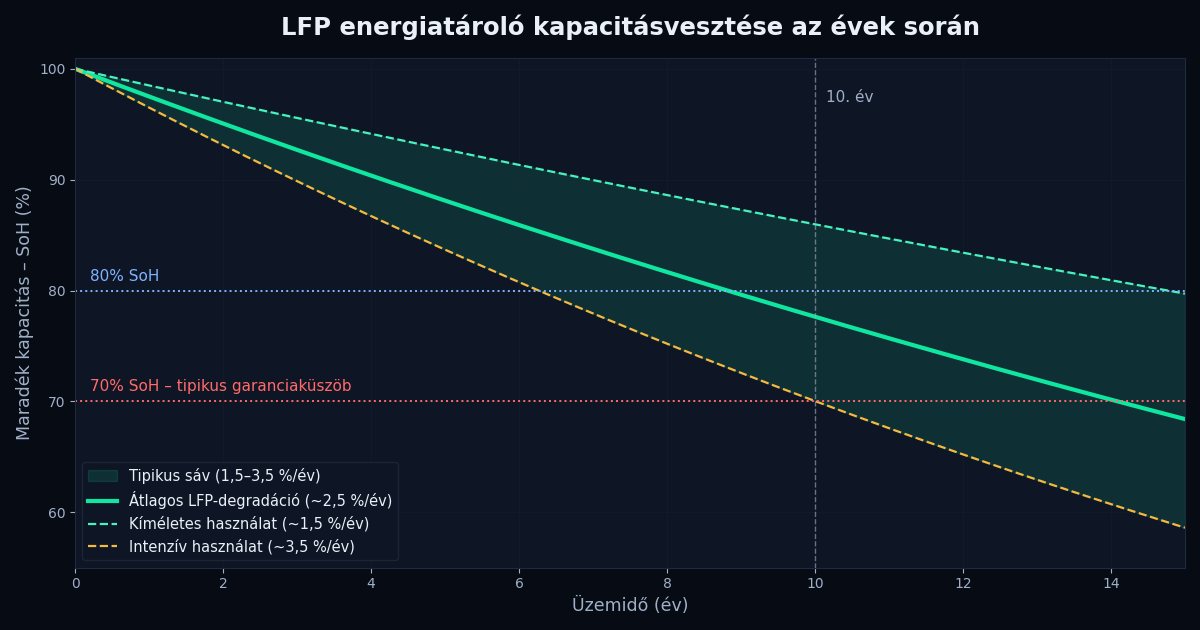Vonaldiagram: egy LFP energiatároló maradék kapacitása 15 év alatt, 1,5–3,5 százalék éves degradációs sávval, 80 és 70 százalékos SoH szinttel