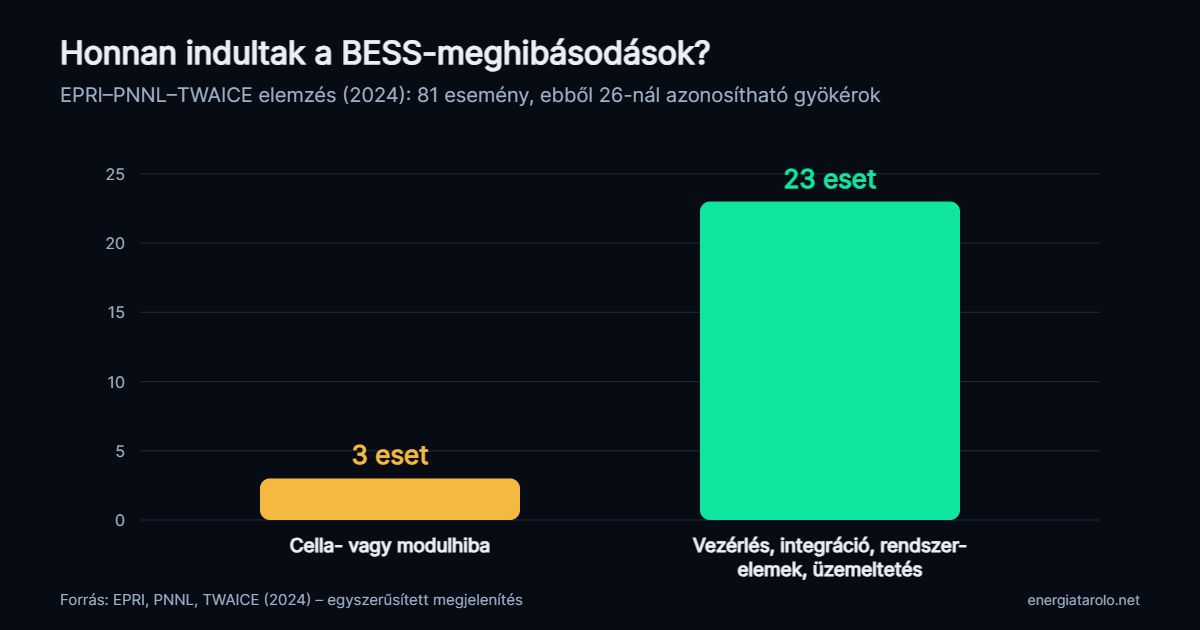 Oszlopdiagram az EPRI–PNNL–TWAICE 2024-es elemzése alapján: 26 gyökérokkal azonosított BESS-meghibásodásból mindössze 3 eredt cella- vagy modulhibából, a többi a vezérlésben, az integrációban vagy a rendszer egyéb elemeiben kezdődött.