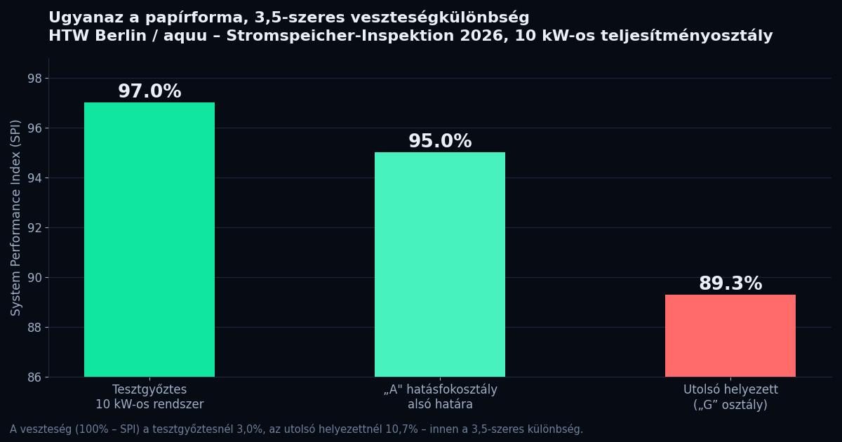 Oszlopdiagram: a System Performance Index 97 százalék a tesztgyőztes energiatárolónál és 89,3 százalék az utolsó helyezettnél a HTW Berlin 2026-os vizsgálatában