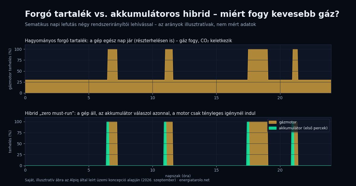 Sematikus napi diagram két panelben: a hagyományos forgó tartaléknál a gázmotor egész nap részterhelésen jár, a hibrid zero must-run üzemben a motor áll, az akkumulátor válaszol az első percekben, a motor csak tényleges lehíváskor indul. Illusztratív, nem mért adat.