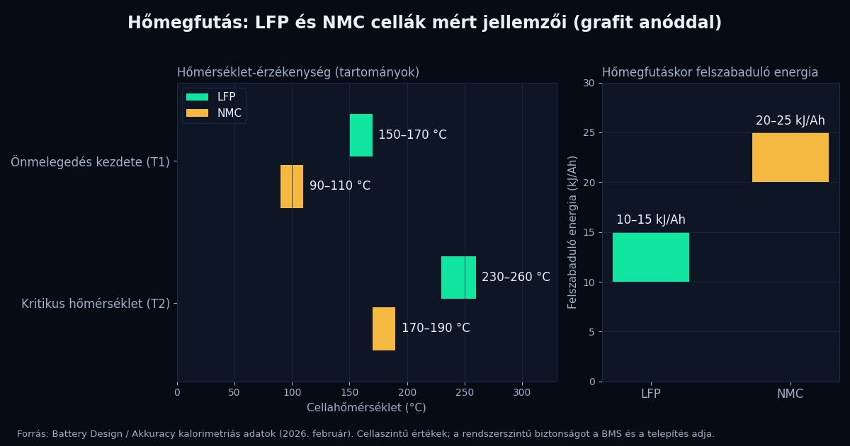 Diagram: LFP és NMC cellák hőmegfutási jellemzői – az önmelegedés kezdete (T1) LFP-nél 150–170 °C, NMC-nél 90–110 °C; a kritikus hőmérséklet (T2) 230–260 °C, illetve 170–190 °C; a felszabaduló energia 10–15, illetve 20–25 kJ/Ah.
