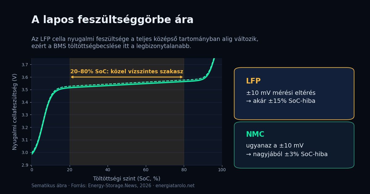 Az LFP cella lapos nyugalmi feszültséggörbéje 20 és 80 százalék töltöttség között, mellette az LFP és az NMC töltöttségbecslési hibájának összehasonlítása.