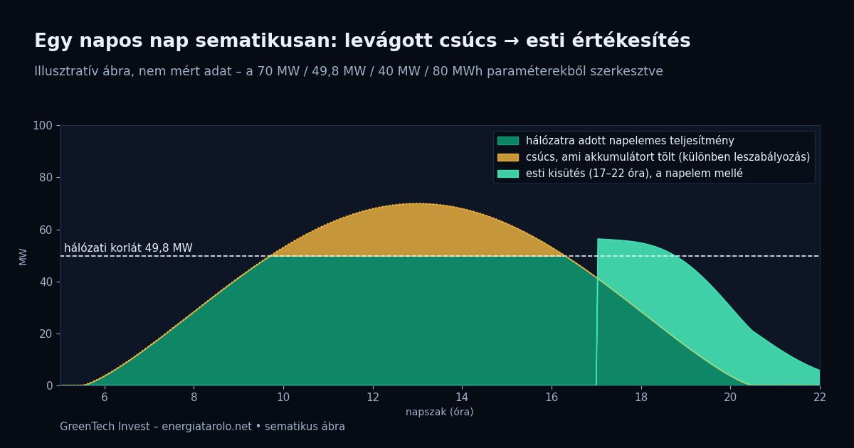 Illusztratív napi diagram: a napelem 49,8 MW feletti csúcsa az akkumulátort tölti leszabályozás helyett, az energia 17 és 22 óra között kerül értékesítésre. Sematikus, nem mért adat.